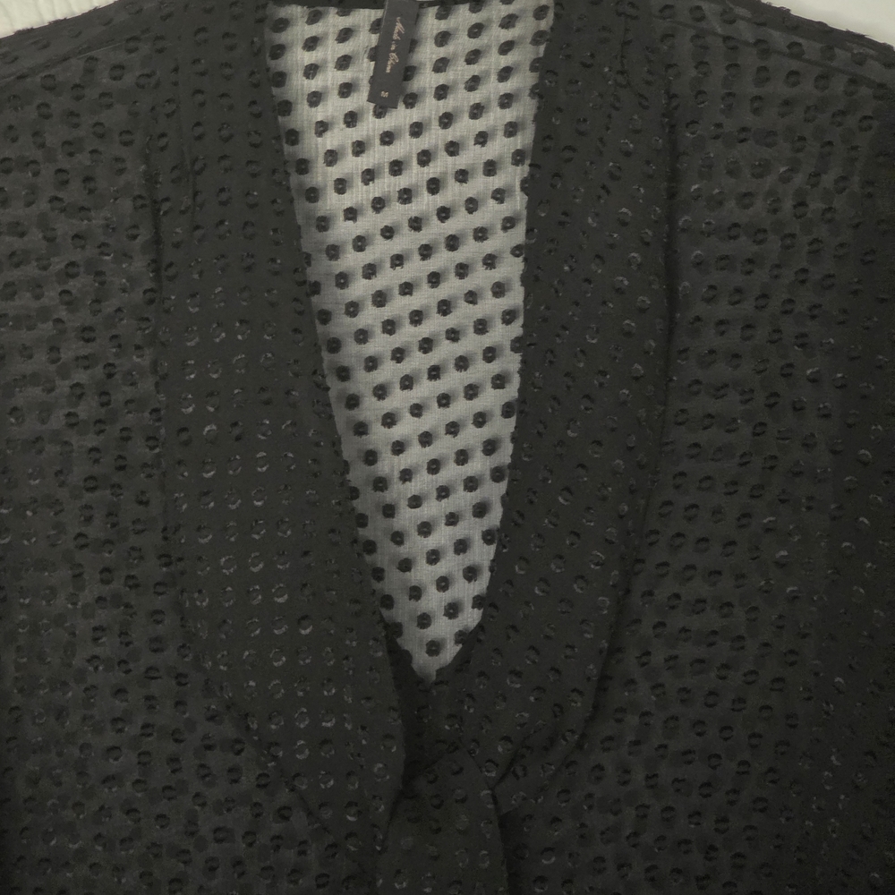 Sheer Black V-neck Blouse w/ Burnt Velvet Polka Dots, Neck Tie & Handerchief Hem